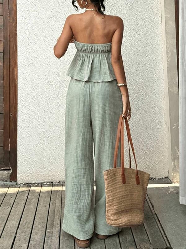 Boho Green Two Piece Lace Up Side Slit Bandeau Peplum Vacation Maternity Strapless Top Wide Leg Pant for Maternity