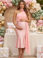 Oblique Shoulder Ribbon Trumpet Maternity Baby Shower Maxi Dress for Maternity