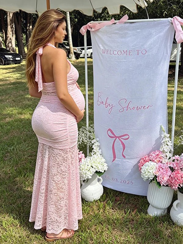 Halter Neck Ruffle Lace Side Slit Ruched Maternity Baby Shower Maxi Dress for Maternity