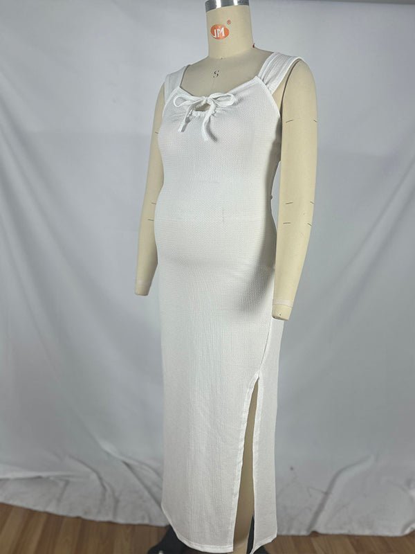 Smocked Bow Tie Side Slit Elegant Bodycon Vacation Beach Photoshoot Cute Baby Shower Maternity Maxi Dress for Maternity
