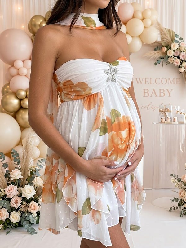Orange Floral Cascading Ruffle Irregular Backless Stars Vacation Maternity Mini Dress for Maternity