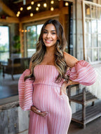 Pink Off Shoulder Bandeau Ribbed Pleated Bodycon Puff Sleeve Evening Gown Baby Shower Maternity Maxi Dress for Maternity