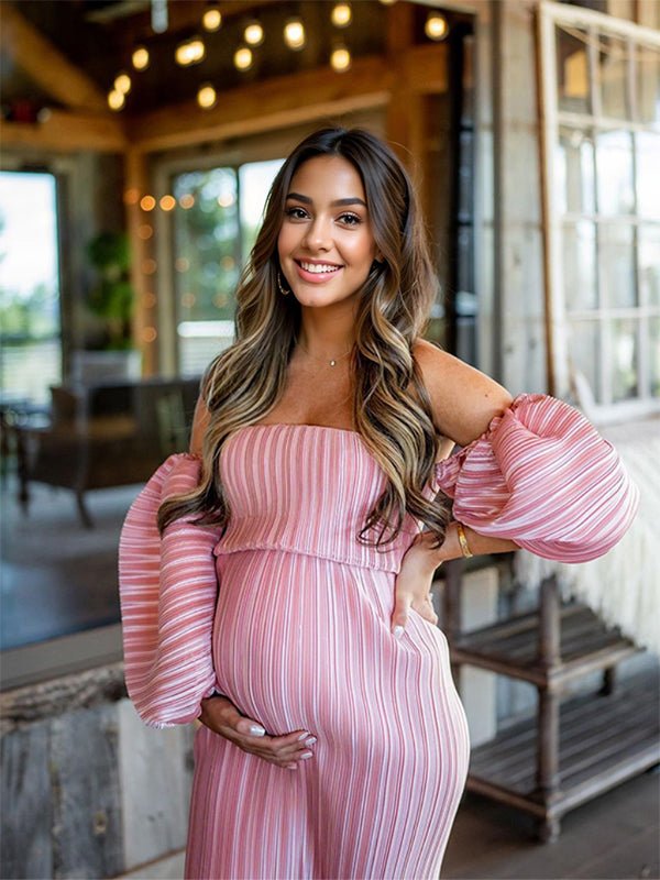 Pink Off Shoulder Bandeau Ribbed Pleated Bodycon Puff Sleeve Evening Gown Baby Shower Maternity Maxi Dress for Maternity