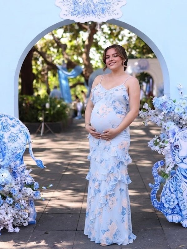 Ruffle Spaghetti Strap Falbala Irregular Backless Maternity Baby Shower Maxi Dress for Maternity