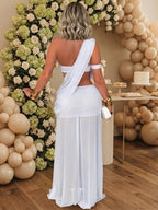 White Oblique Shoulder Ruched Sheer Grenadine Backless Maternity Baby Shower Maxi Dress for Maternity