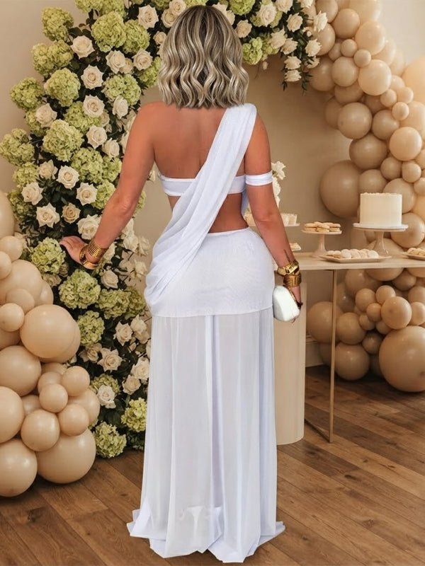 White Oblique Shoulder Ruched Sheer Grenadine Backless Maternity Baby Shower Maxi Dress for Maternity