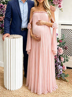 Pink Off Shoulder Lace Up Big Swing Backless Maternity Baby Shower Maxi Dress for Maternity