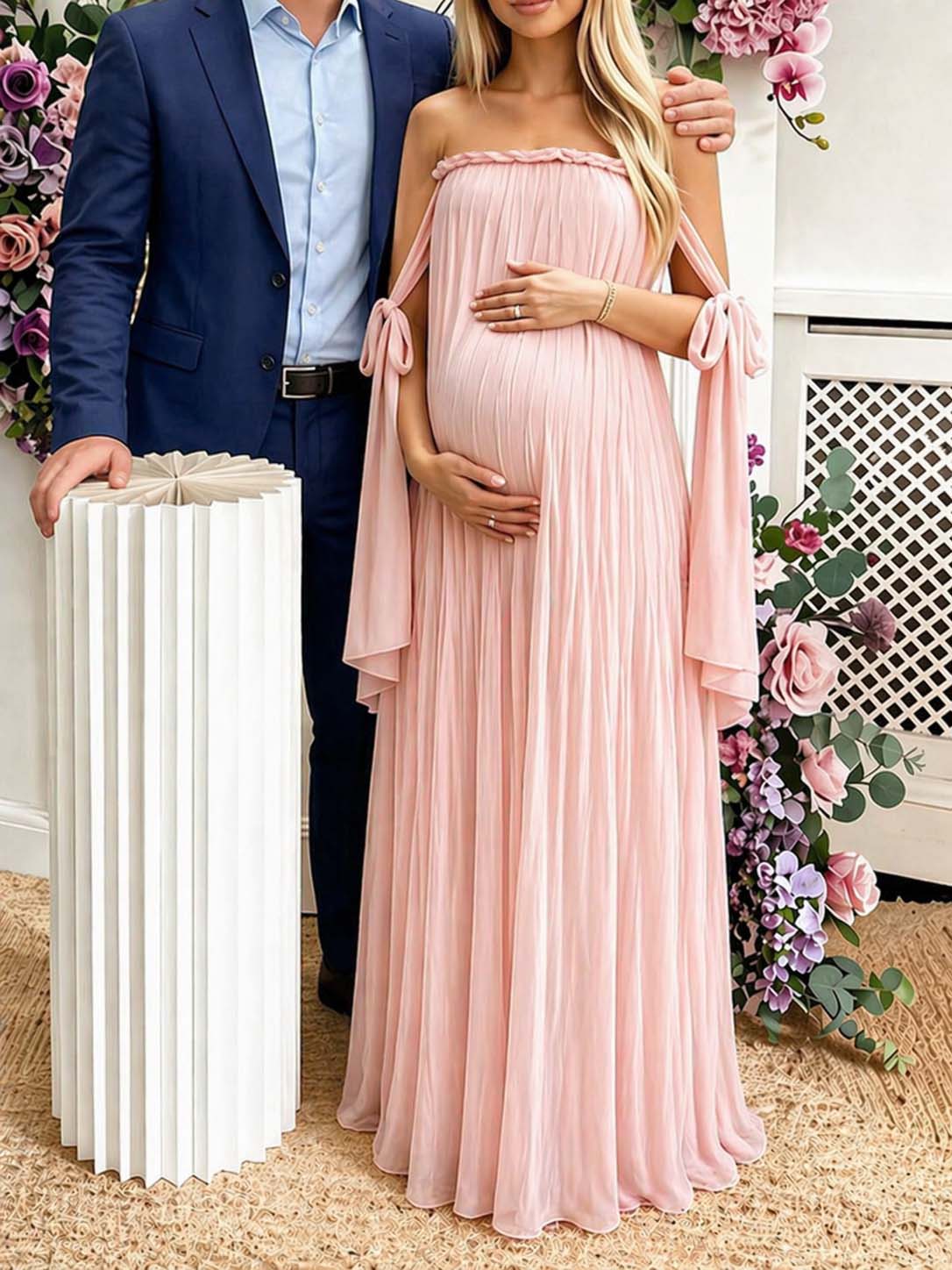 Pink Off Shoulder Lace Up Big Swing Backless Maternity Baby Shower Maxi Dress for Maternity