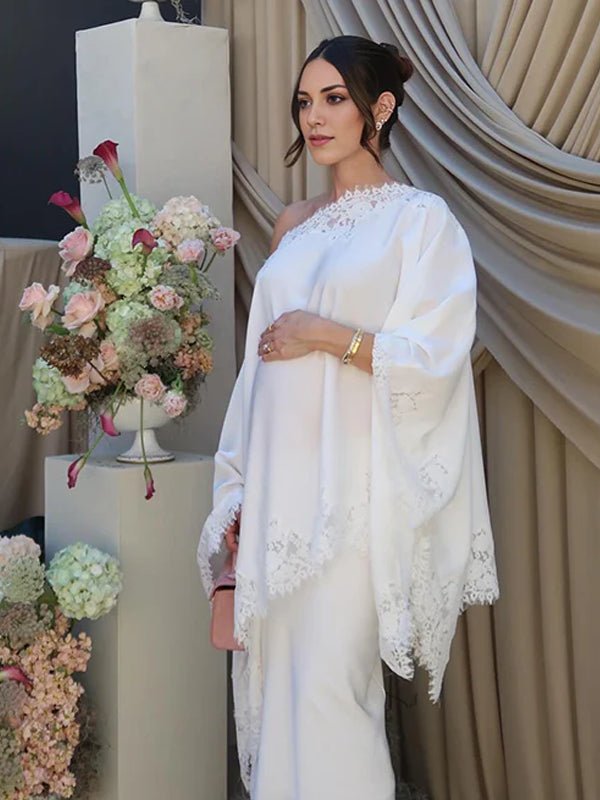 White Lace Ruffle One Shoulder Cape Two Piece Set Maternity Maxi Dress for Maternity
