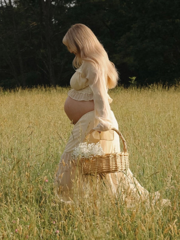 Apricot Lace Ruffle Splicing Lace Up Button Two Piece Photoshoot Maternity Maxi Dress for Maternity