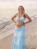 Blue Beach Flouncy Ruffle Trim Two Piece Halter Neck Photoshoot Maternity Maxi Dress for Maternity
