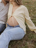 Beige Lace-up Flare Sleeve Modern Fashion Maternity Photoshoot Blouse for Maternity