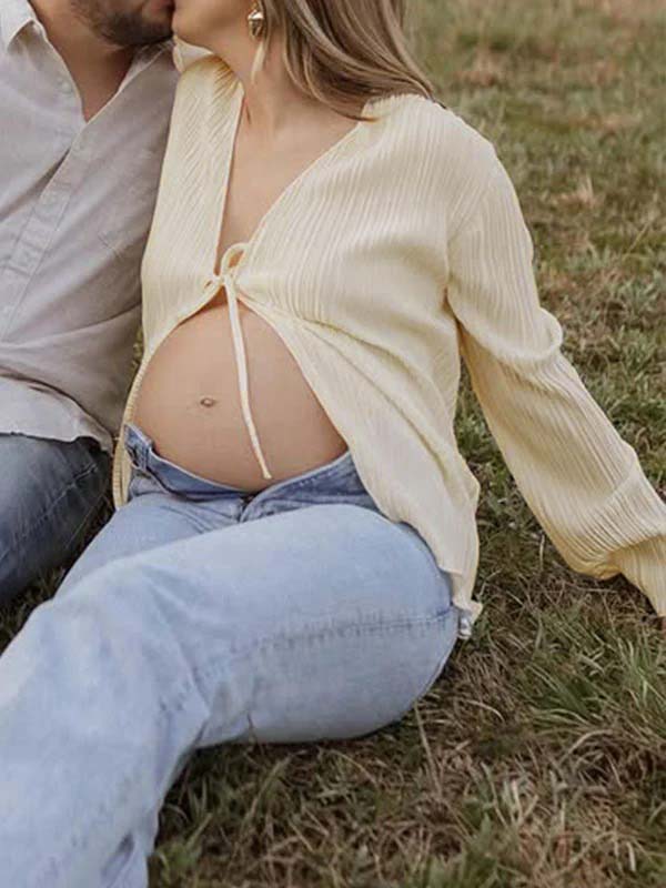 Beige Lace-up Flare Sleeve Modern Fashion Maternity Photoshoot Blouse for Maternity