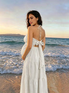 Beach Spaghetti Strap Halter Neck Tie-back Ruched Backless Vacation Photoshoot Maternity Maxi Dress for Maternity
