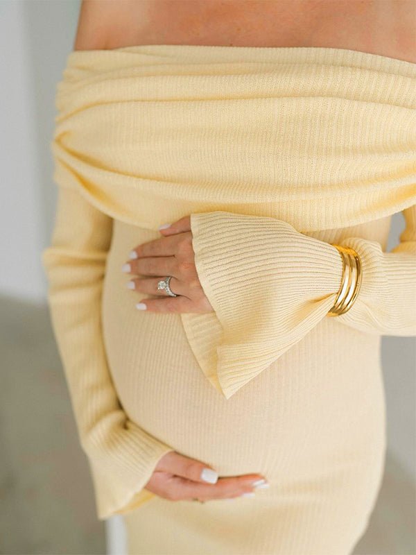 Yellow Knit Off Shoulder Flare Sleeve Mermaid Bodycon Elegant Vacation Photoshoot Baby Shower Maternity Maxi Dress for Maternity