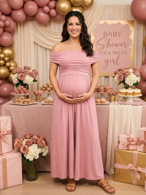 Off Shoulder Ruched Pocket Backless Maternity Baby Shower Maxi Dress for Maternity