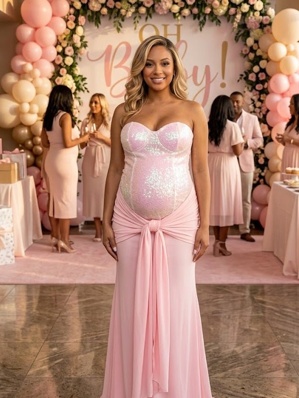Sequin Bandeau Ruched Knot Draped Bodycon Maternity Maxi Dress for Maternity