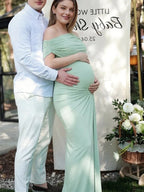 Green Oblique Shoulder Ruched Bodycon Backless Maternity Baby Shower Maxi Dress for Maternity