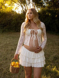 White Lace Sheer Lace Up Tulle Skirt Two Piece Maternity Photoshoot Maxi Dress for Maternity