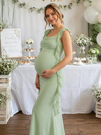 Elegant Green Backless Ruched Falbala Side Draped Maternity Baby Shower Maxi Dress for Maternity