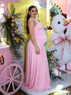Round Neck Ruched Draped Curved Drop Waist Bodycon Baby Shower Maternity Maxi Dress for Maternity