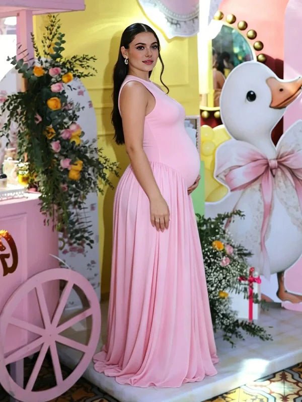 Round Neck Ruched Draped Curved Drop Waist Bodycon Baby Shower Maternity Maxi Dress for Maternity
