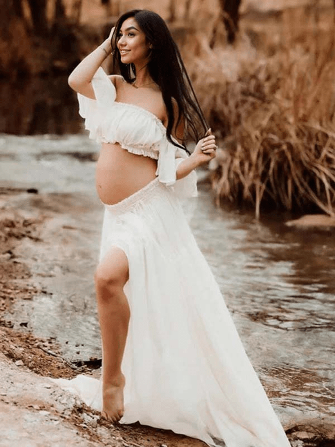 Solid Color Bohemian Off Shoulder Backless Ruffle 2 Piece Set Photoshoot Maternity Maxi Dress for Maternity