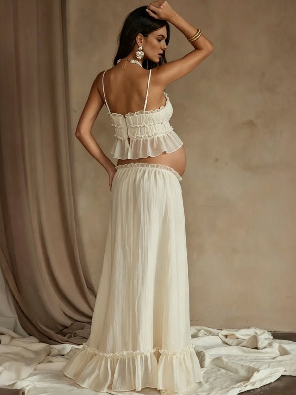 Ivory-white Falbala Spaghetti Stra Drawstring Two Piece Fashion Bodycon Vacation Photoshoot Maternity Midi Dress for Maternity