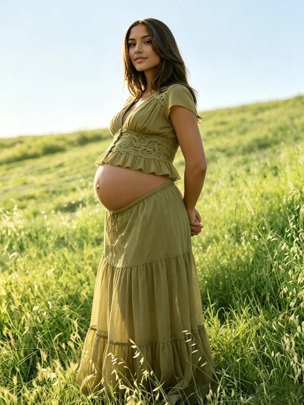 Green Lace Button Lace Up Splicing Two Piece Maternity Photoshoot Maxi Dress for Maternity