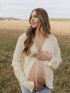 Beige Lace-up Flare Sleeve Modern Fashion Maternity Photoshoot Blouse for Maternity