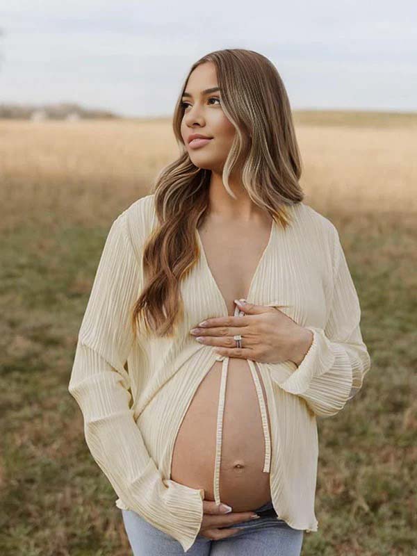 Beige Lace-up Flare Sleeve Modern Fashion Maternity Photoshoot Blouse for Maternity