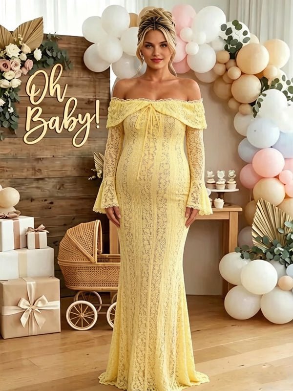 Yellow Off Shoulder Lace Flare Sleeve Lace Up Maternity Baby Shower Maxi Dress for Maternity
