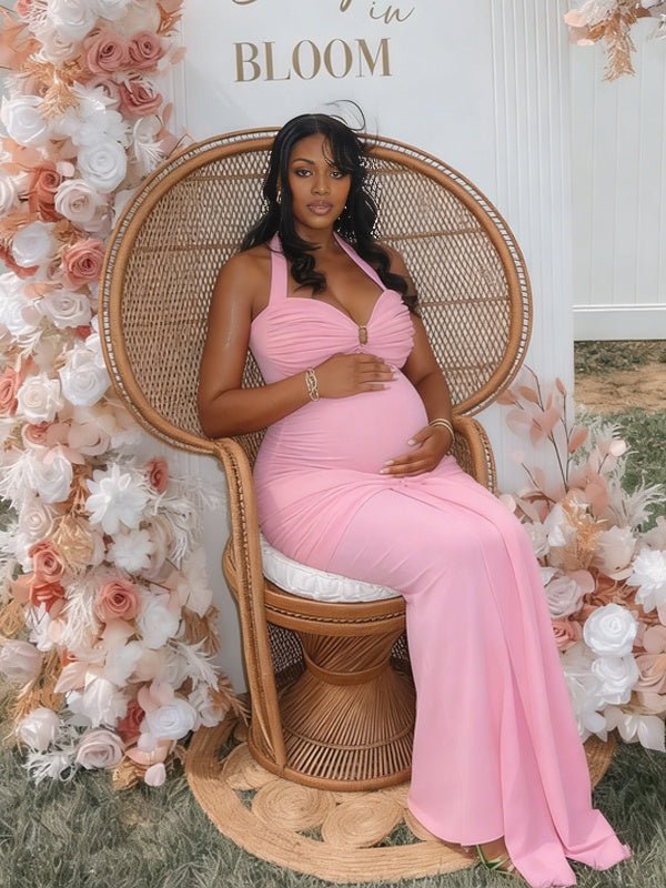 Halter Neck Backless Ruched Lace Up Maternity Baby Shower Maxi Dress for Maternity