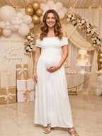 Off Shoulder Ruched Pocket Backless Maternity Baby Shower Maxi Dress for Maternity