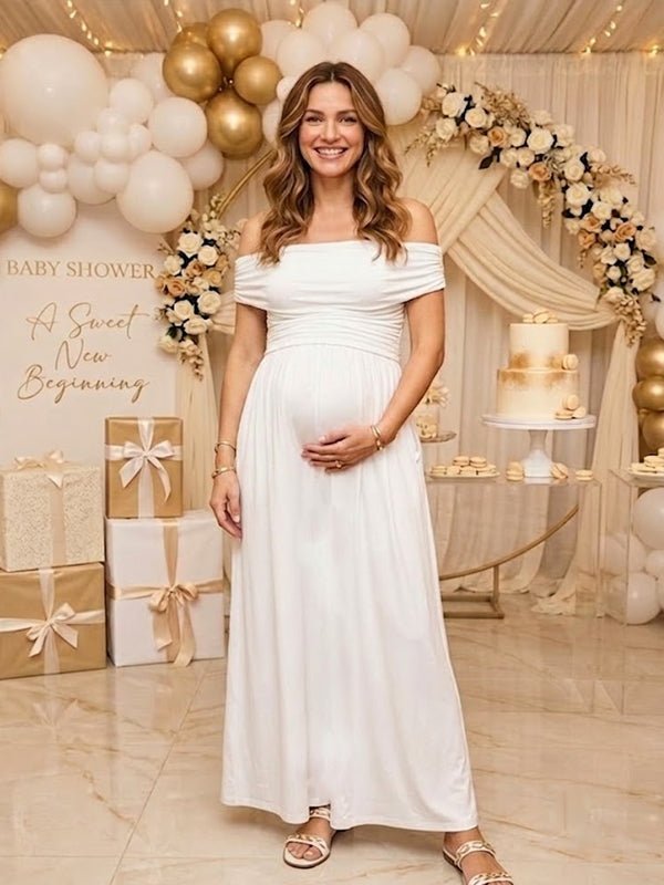 Off Shoulder Ruched Pocket Backless Maternity Baby Shower Maxi Dress for Maternity