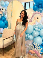 Elegant Champagne Bandeau Pleated Side Slit Baby Shower Maternity Maxi Dress for Maternity