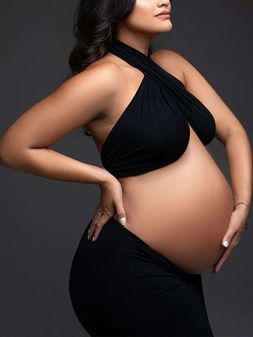 Black Cut Out Crop Thigh High Side Slits Ruched Knot Halter Neck Fashion Photoshoot Maternity Maxi Dress for Maternity