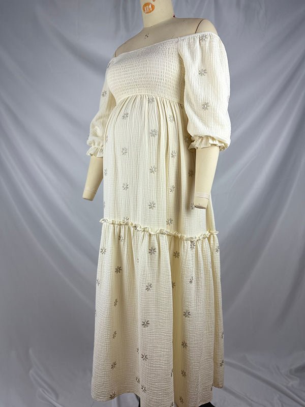 Apricot Daisy Print Smocked Off Shoulder Maternity Photoshoot Maxi Dress for Maternity