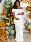White Off Shoulder Open Back Ruched Maternity Baby Shower Maxi Dress for Maternity