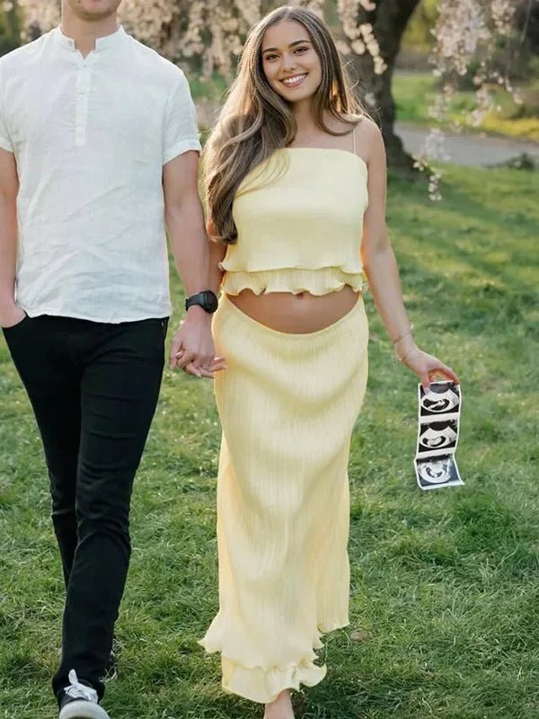 Cascading Ruffle Spaghetti Straps Two Piece Photoshoot Maternity Maxi Dress for Maternity