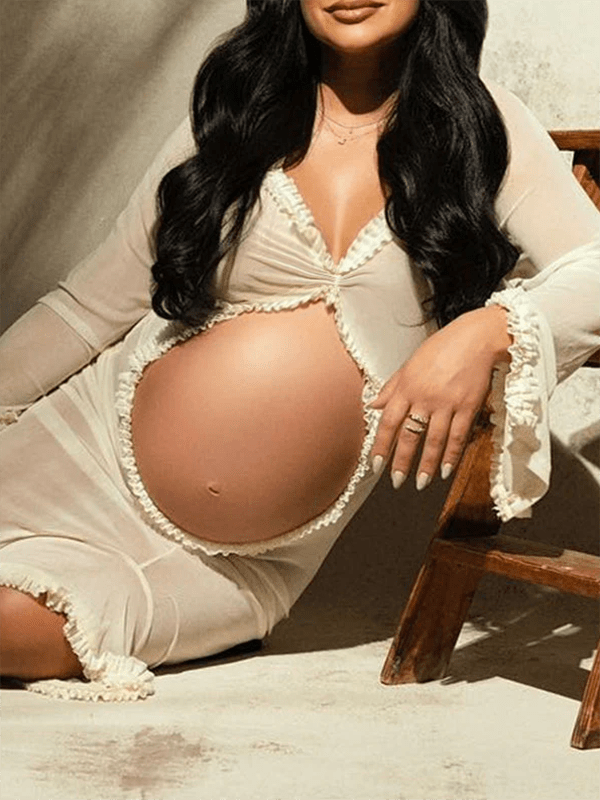 Ivory Sheer Ruffle Cut Out Crop Slit Falbala Deep V-neck Mermaid Elegant Maternity Photoshoot Maxi Dress for Maternity
