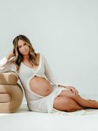 Ivory Sheer Ruffle Cut Out Crop Slit Falbala Deep V-neck Mermaid Elegant Maternity Photoshoot Maxi Dress for Maternity