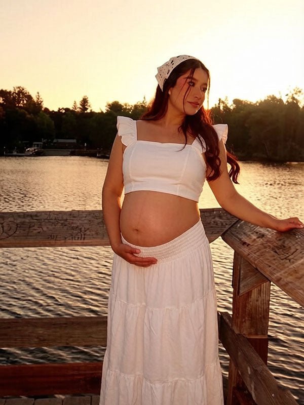 Chic White Two Piece Falbala A-line Shirring Vacation Maternity Maxi Dress for Maternity