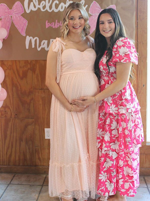 Light Pink Polka Dot Bow Ruffle Falbala Tie-shoulder A-line Tulle Princess Dress Maxi Dress for Maternity