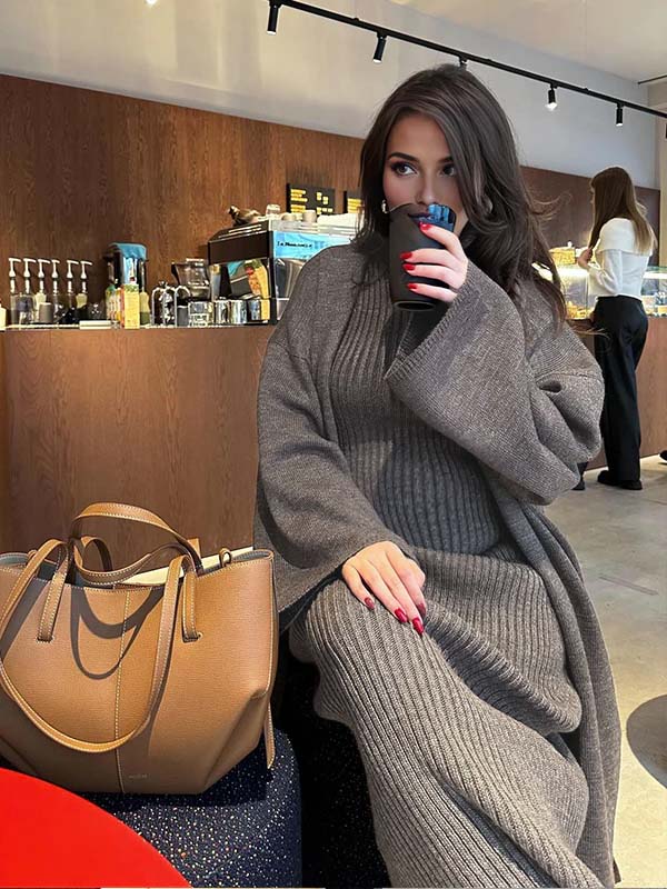 Grey High Neck Crochet Two Piece Maternity Sweater Maxi Dress for Maternity