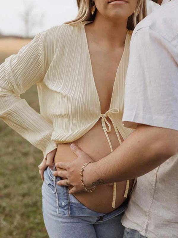 Beige Lace-up Flare Sleeve Modern Fashion Maternity Photoshoot Blouse for Maternity