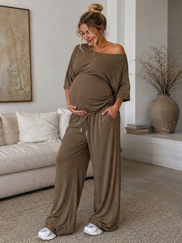 Daily Two Piece Oblique Shoulder Maternity Strapless Top Wide Leg Pant for Maternity