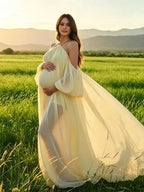 Yellow Mesh Off Shoulder Backless Cami Big Swing Boho Maternity Maxi Dress for Maternity
