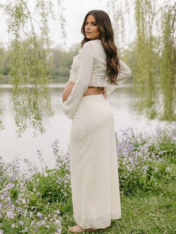 Ruffle Lace Up Two Piece Maternity Photoshoot Maxi Dress for Maternity