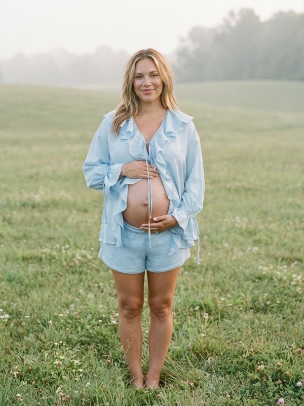 Ruffle Lace Up Flare Sleeve Two Piece Maternity Photoshoo Suit for Maternity